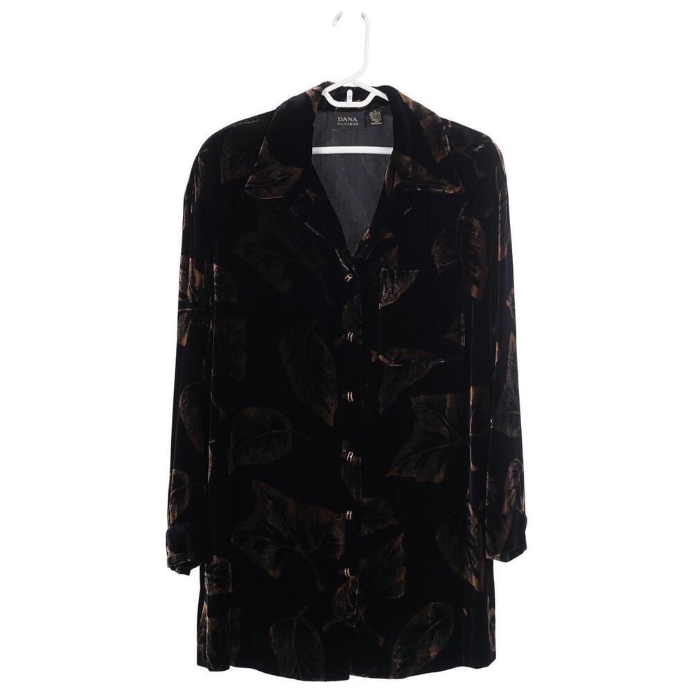 Dana Buchman Top 12 Black Brown Leaf Print Velvet Silk Blend Button Up